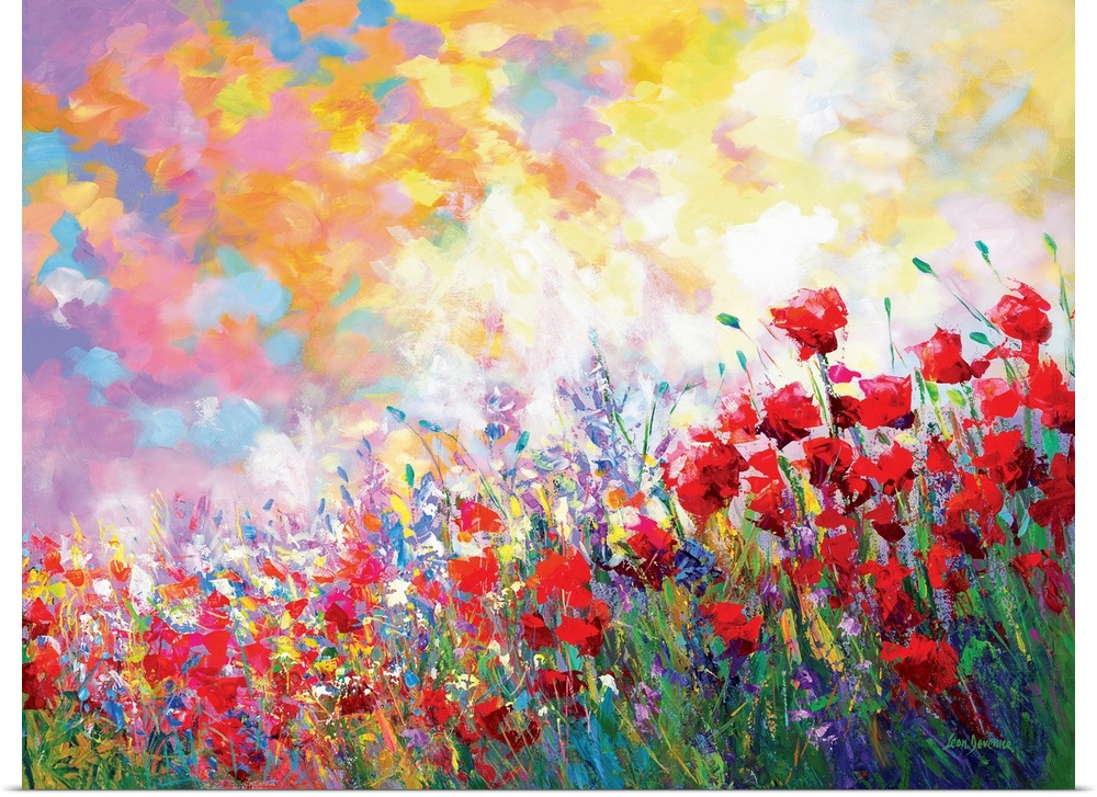 Abstract impressionist painting of poppy flowers and other blooms. The wildflowers of spring are captured with loose and e...