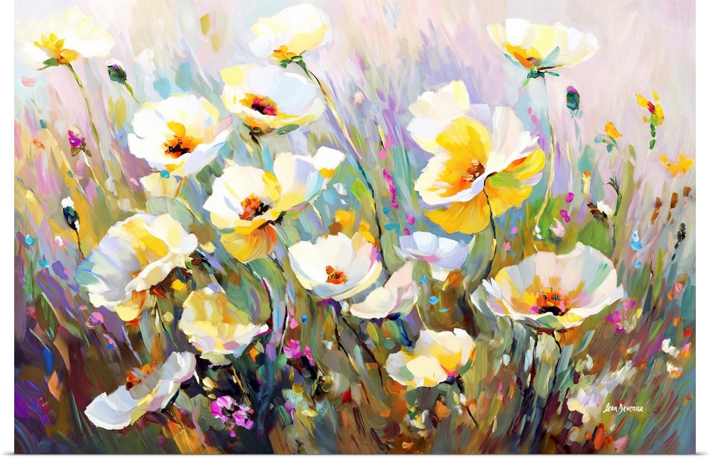 This contemporary floral landscape bursts with the delicate white and yellow hues of poppies, nestled amongst a vivid arra...