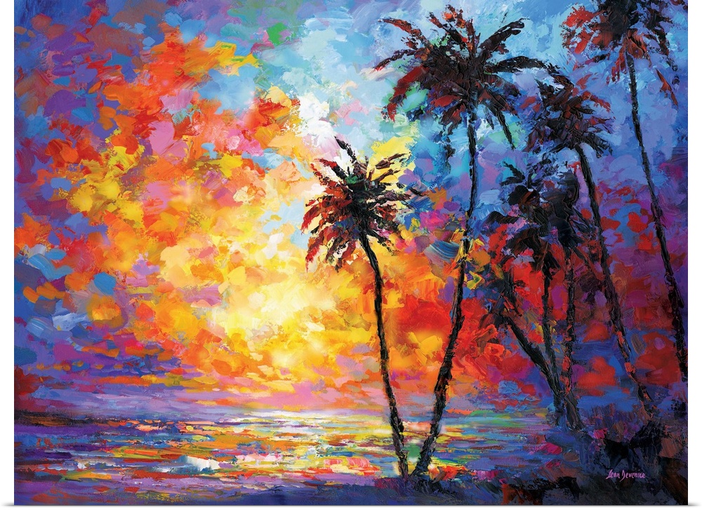 Vibrant and colorful contemporary painting of a sunset beach with tropical palm trees in Waikiki, Hawaii.