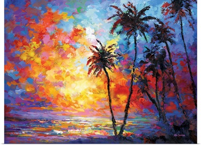 Sunset Beach With Tropical Palm Trees In Waikiki, Hawaii