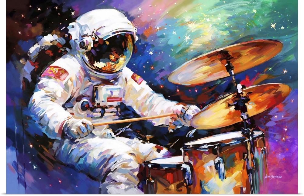 This contemporary artwork depicts an astronaut immersed in the rhythm of drumming, surrounded by a swirl of cosmic energy ...