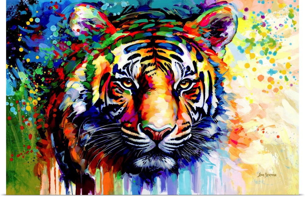 This modern portrait captures the fierce beauty of a tiger, set against a backdrop of abstract colors. The tiger's penetra...