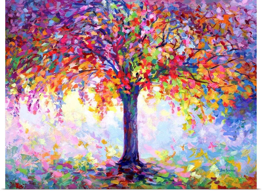 Contemporary painting of a colorful tree.