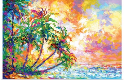 Tropical Beach With Palm Trees In Kauai, Hawaii