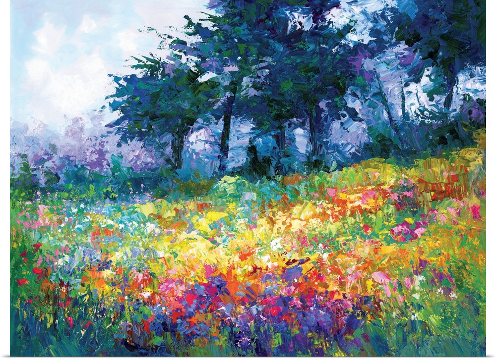 Contemporary landscape painting of wildflowers in bloom in the style of abstract impressionism. The vibrant brush strokes ...
