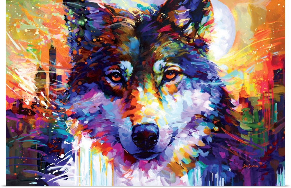 This vibrant portrait captures a wolf's gaze against a cityscape backdrop, merging wild instinct with urban energy in a sp...