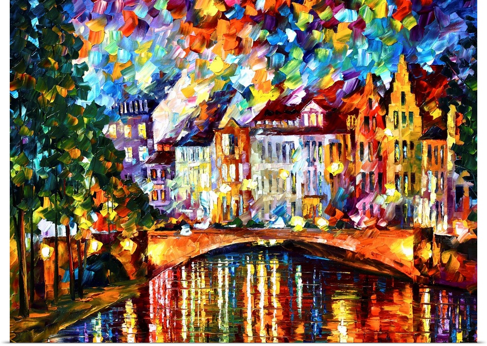 Brightly colored abstract painting of Amsterdam with short thick brush strokes on canvas.