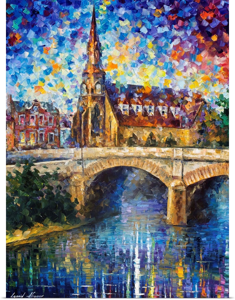 Contemporary colorful painting of a castle in an old village with a bridge in the foreground spanning a small river.