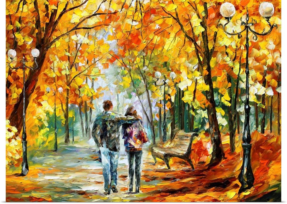 Painting of a couple walking through the park on a pathway lined with trees covered in fall foliage, street lamps, and a b...