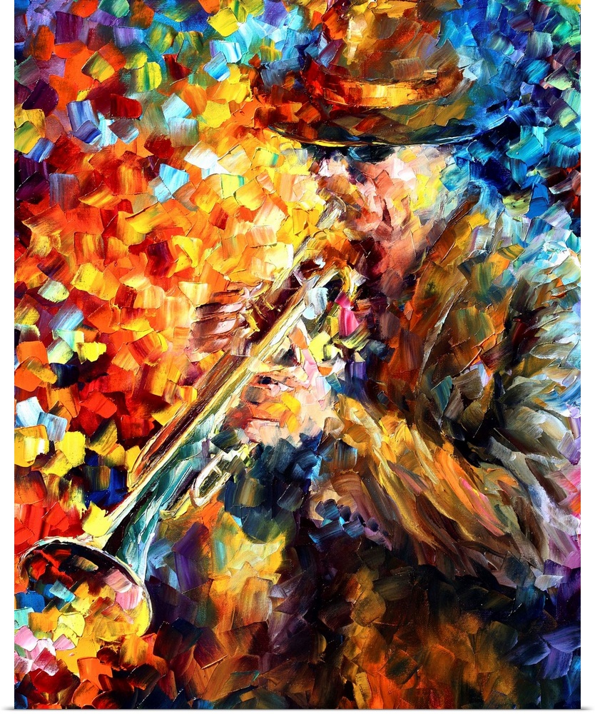 Vibrant colors are used to create small brush strokes that paint a man playing the trumpet .