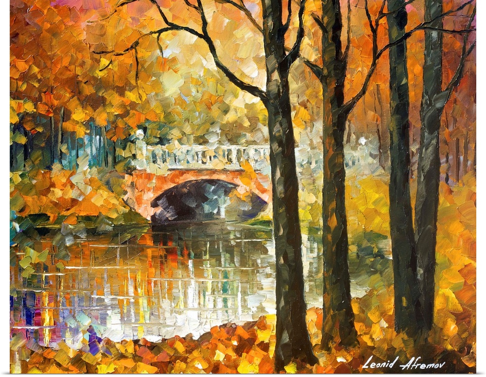 Contemporary colorful painting of a bridge over a river reflecting all the surrounding foliage.