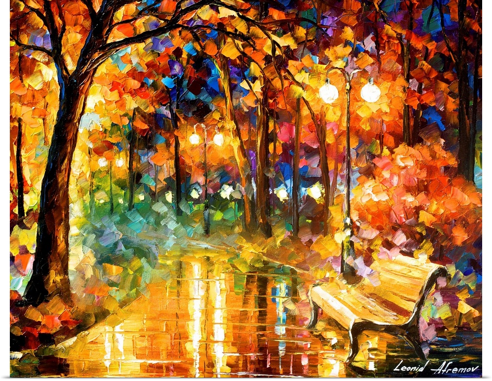 Contemporary colorful painting of wet sidewalk after a rain reflecting the lights and foliage all around.