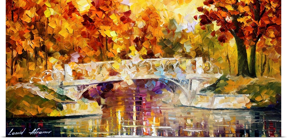 Contemporary painting of a bridge over a stream in a forest with autumn foliage.