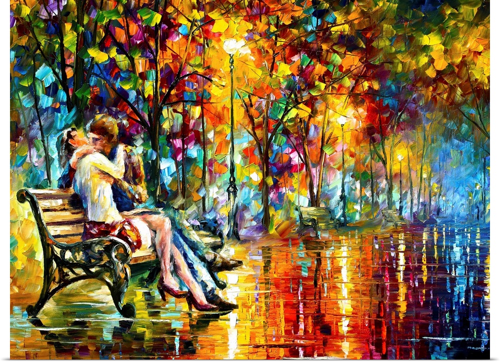 Classical painting of couple kissing on park bench at night after a rain.  The bench is on a stone path lined by colorful ...