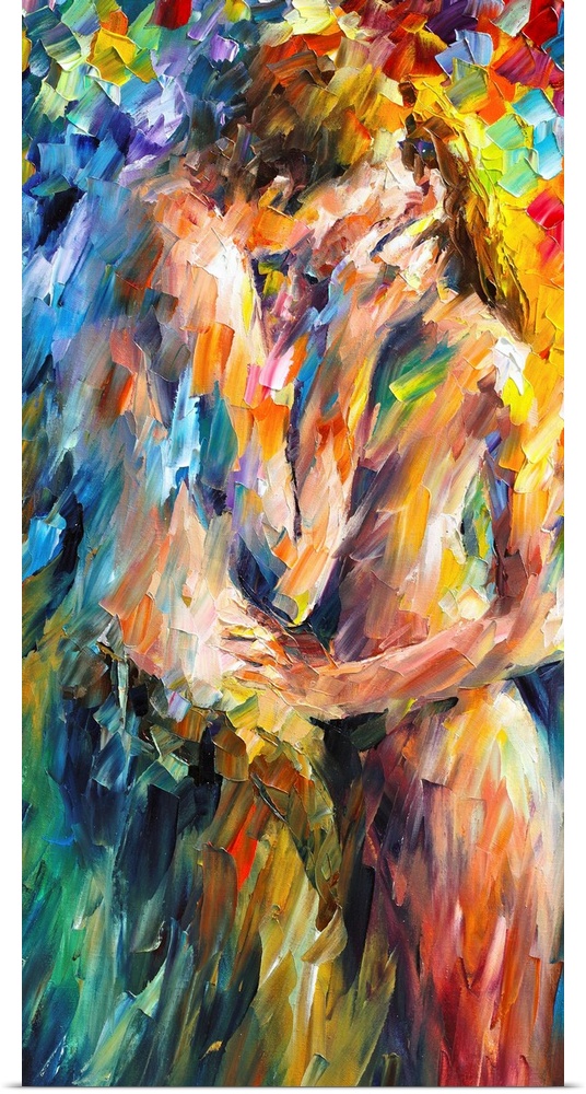 A contemporary vertical painting of two nude figures embracing; this painting has been created with broad abstract brushst...