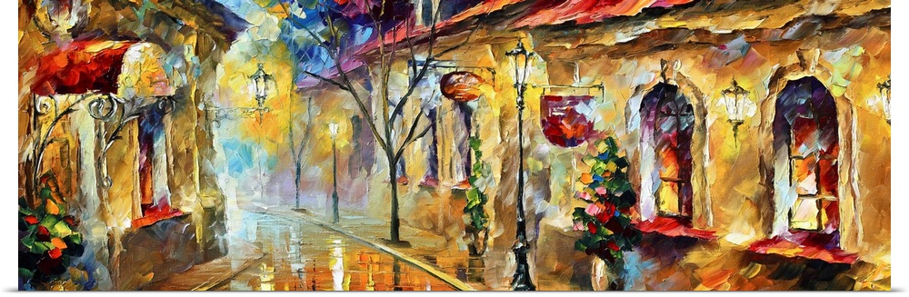 This energetically painted scene shows a fanciful city street in the early morning light on panoramic shaped decorative wa...