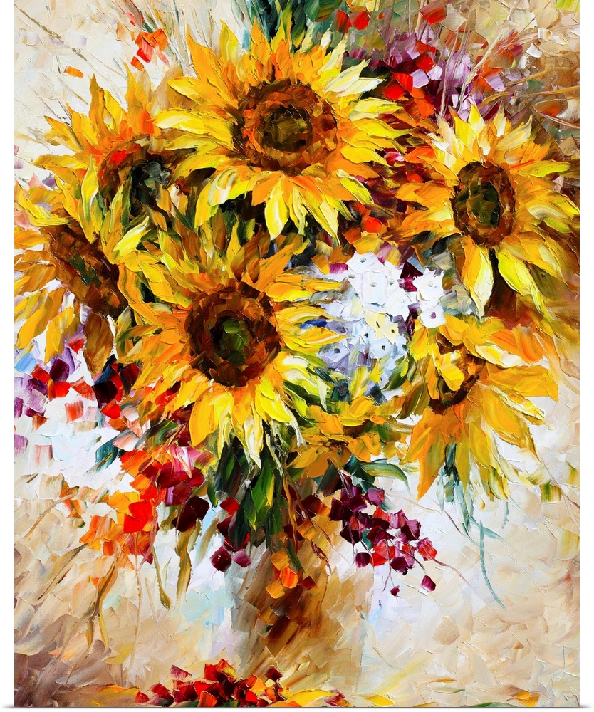 Boldly colored contemporary painting of a bouquet of sunflowers and other florals in a vase.