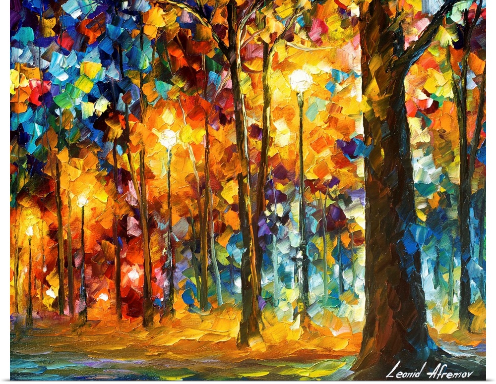 Contemporary colorful painting of a line of trees and light posts illuminated in the evening.