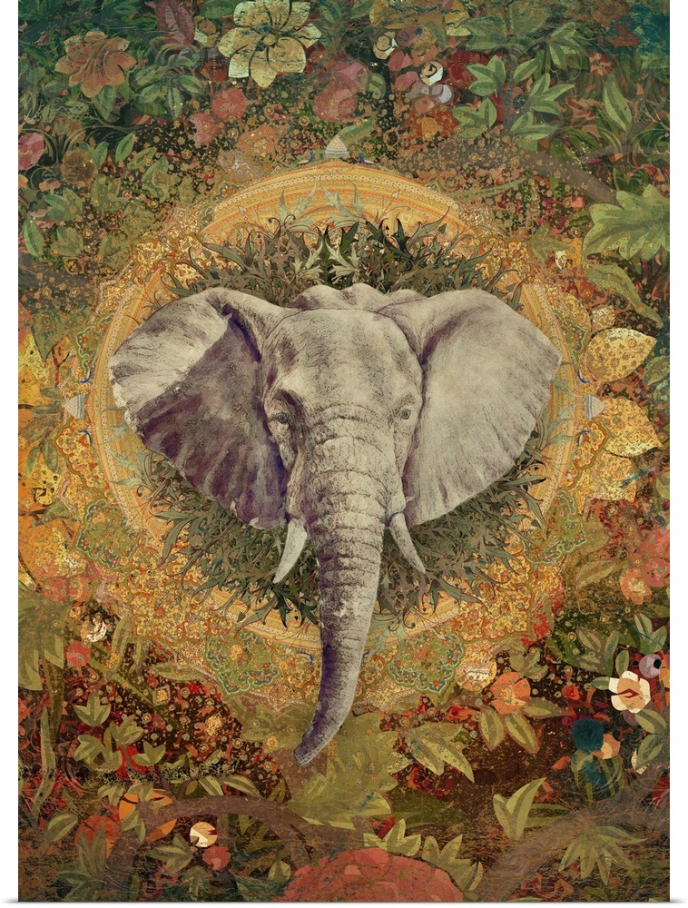 Elephant head with flowered and ornate background