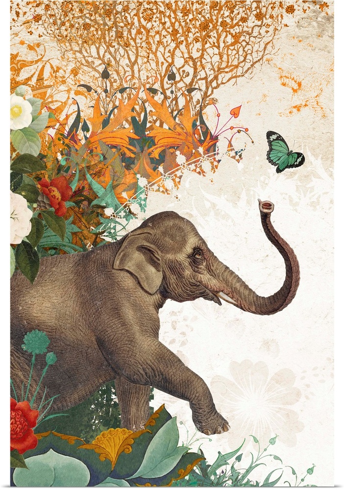 Elephant and butterfly with ornate background