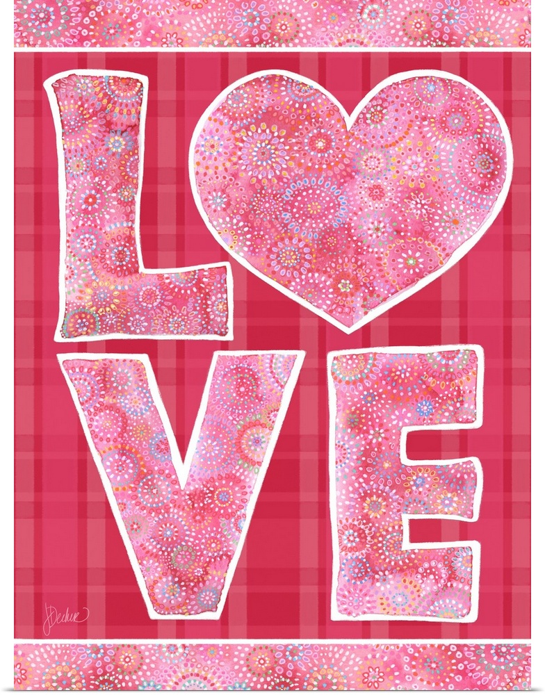 Love design in pink on plaid. Decorative lettering and patterns.