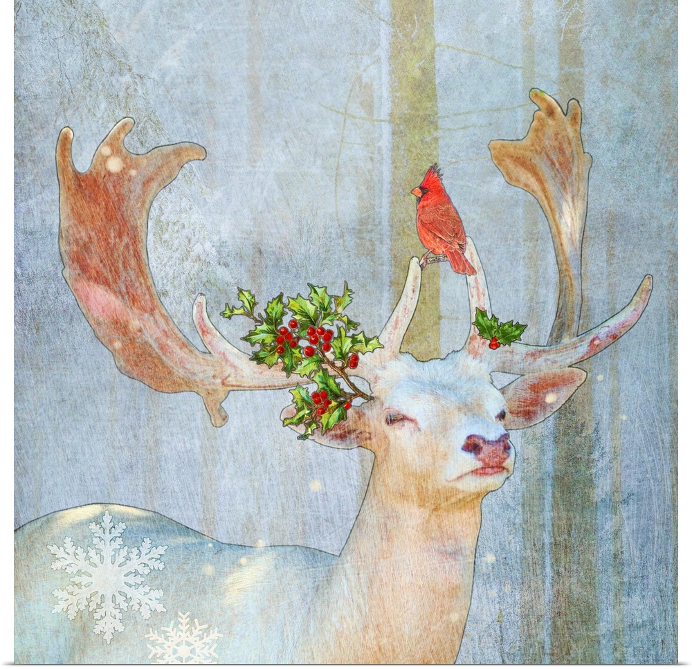 Stag deer with holly and cardinal in snow with snowflakes
