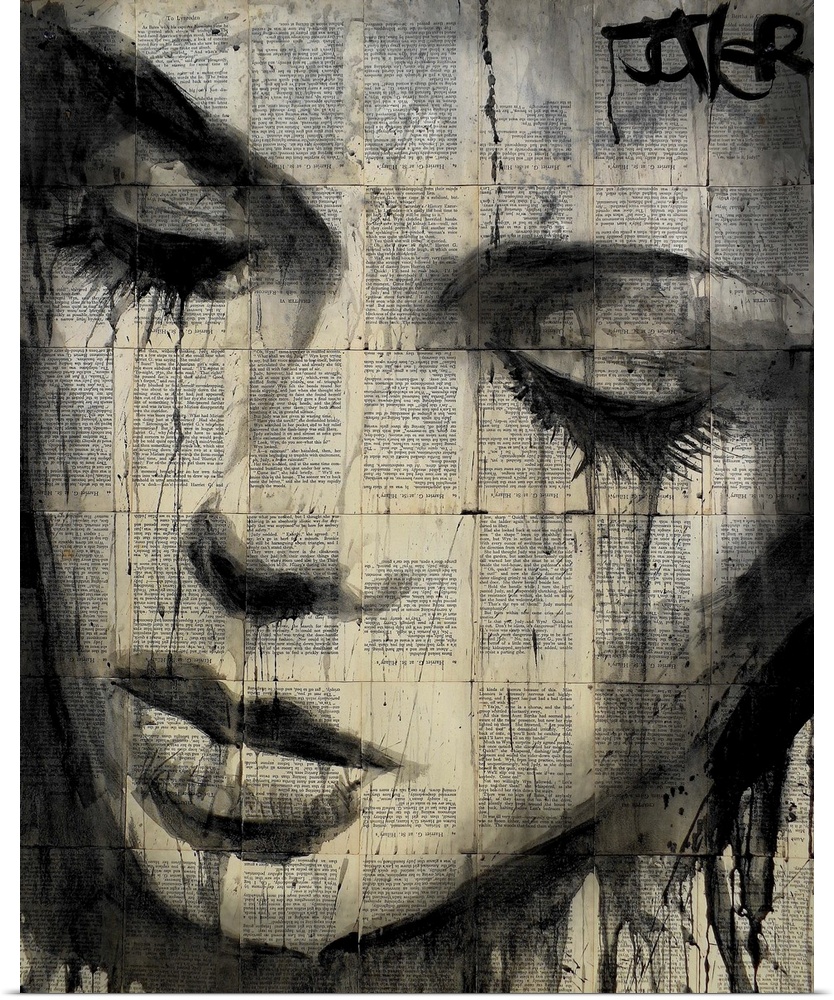 Contemporary urban artwork using tiled book pages and heavy dark ink  to make a portrait of a woman's face close-up.