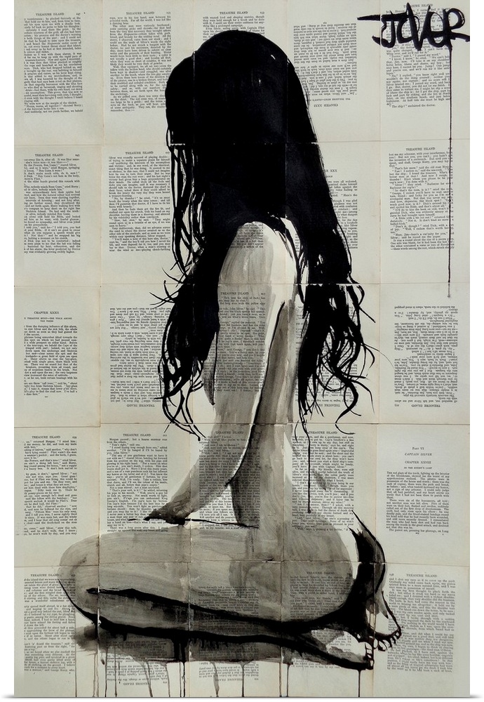 Contemporary urban artwork of a nude woman seated against a background of tiled book pages.