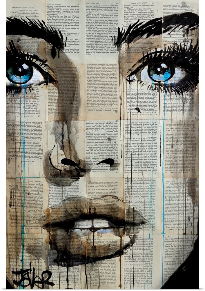 Contemporary urban artwork of a close-up of a woman's face with deep blue eyes against a background of tiled book pages.