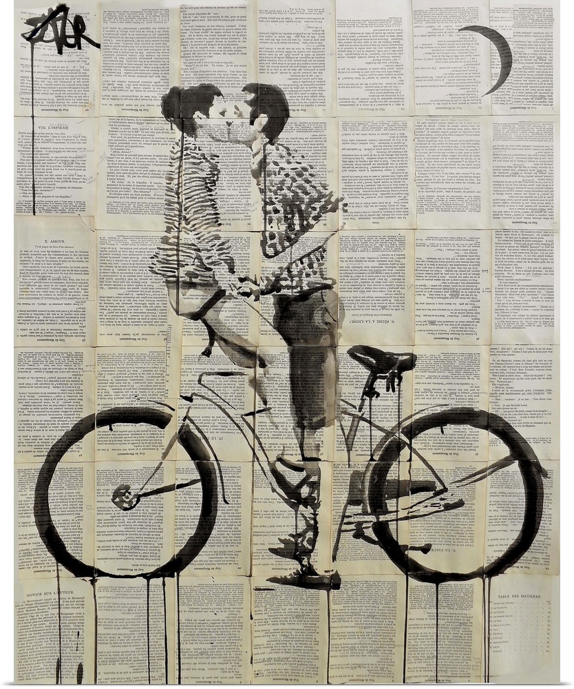 Contemporary urban artwork of a man kissing a woman sitting on a bike against a background of tiled book pages.