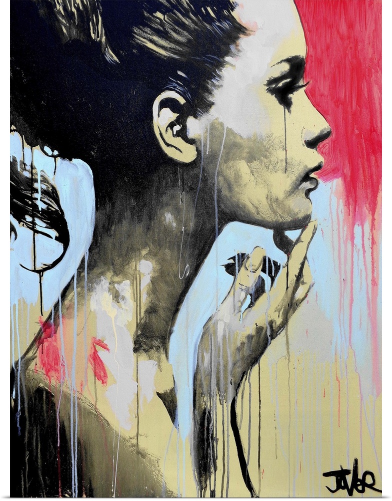 Contemporary urban artwork of a woman in profile against a background of vibrant dripping paint.