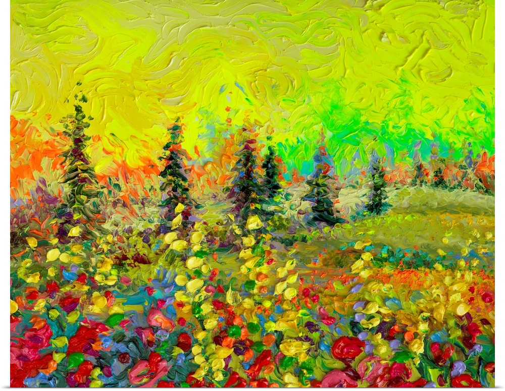 Brightly colored contemporary artwork of a landscape painting with trees.