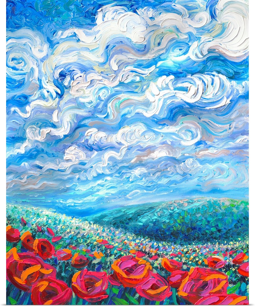 Brightly colored contemporary artwork of a landscape with flowers.