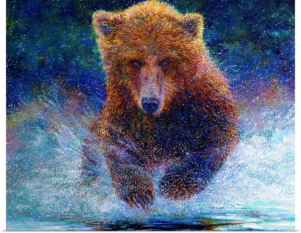 Brightly colored contemporary artwork of a bear running through water.