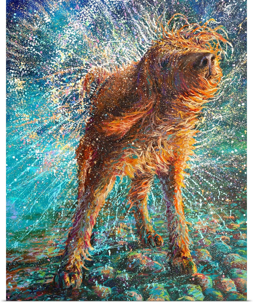 Brightly colored contemporary artwork of a dog shaking water off.