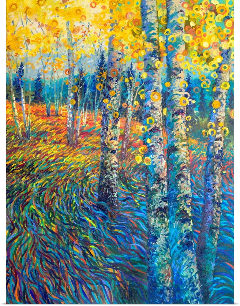 Brightly colored contemporary artwork of a colorful tree landscape.