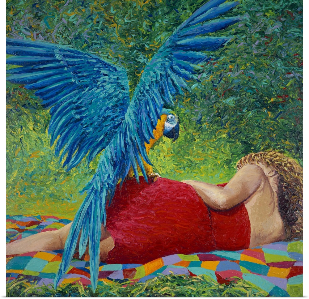 Brightly colored contemporary artwork of a parrot resting on woman.