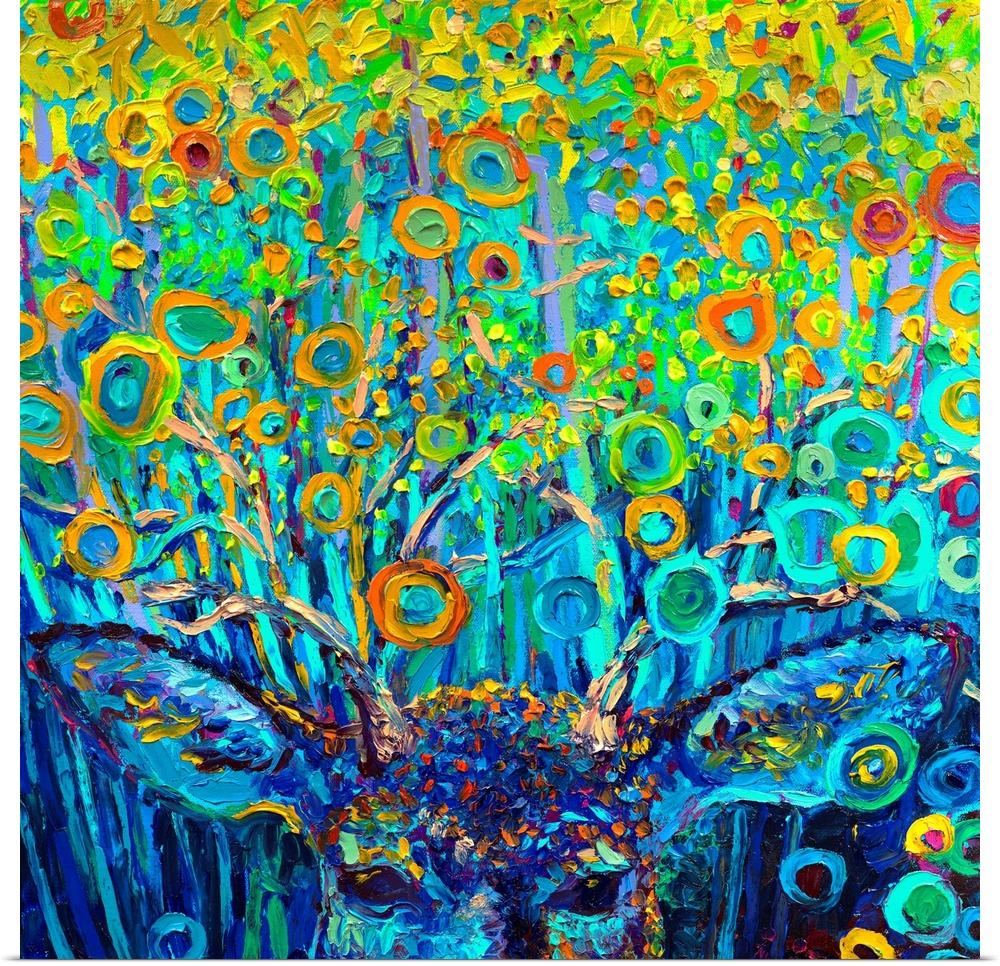 Brightly colored contemporary artwork of a deer in the woods.