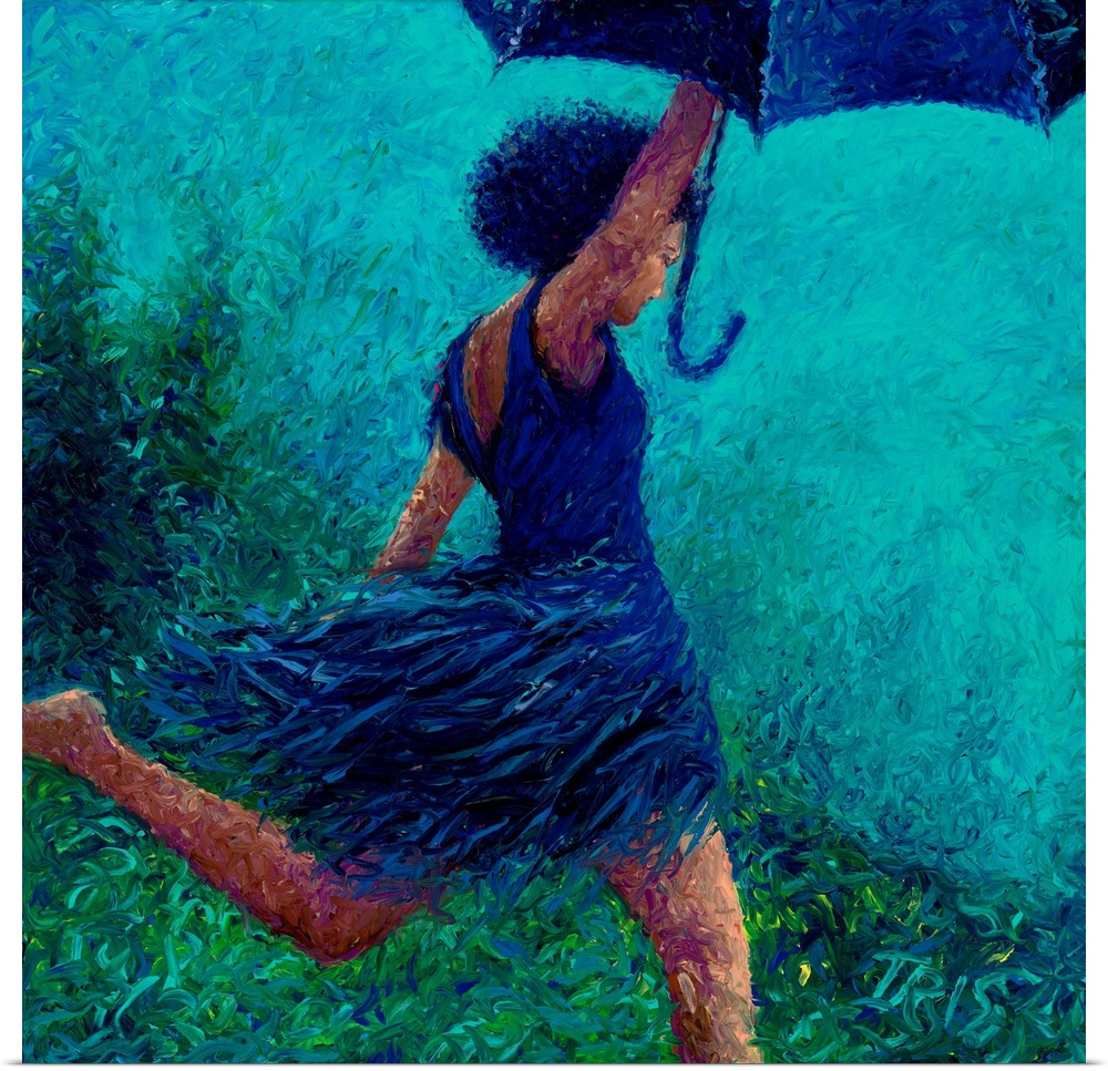 Brightly colored contemporary artwork of a woman running in the rain.