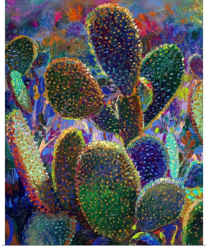 Brightly colored contemporary artwork of a field of colorful cacti.