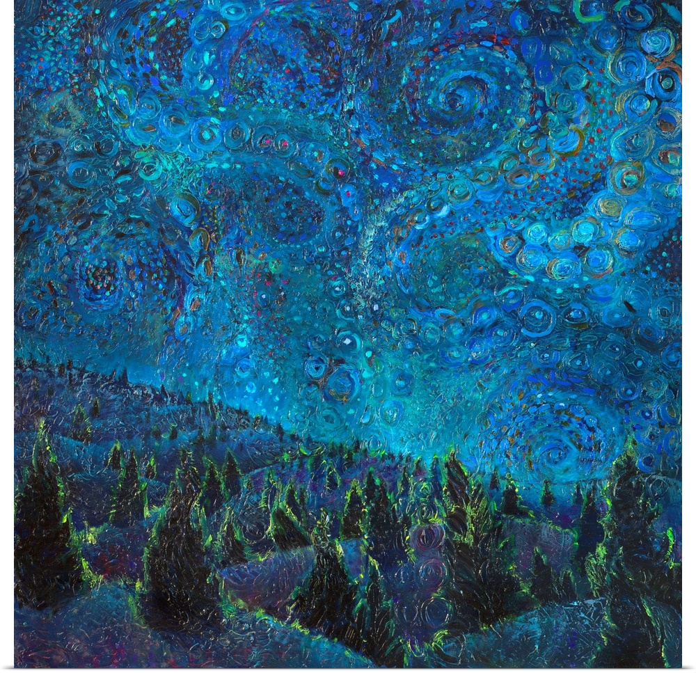 Brightly colored contemporary artwork of a landscape of trees at night.