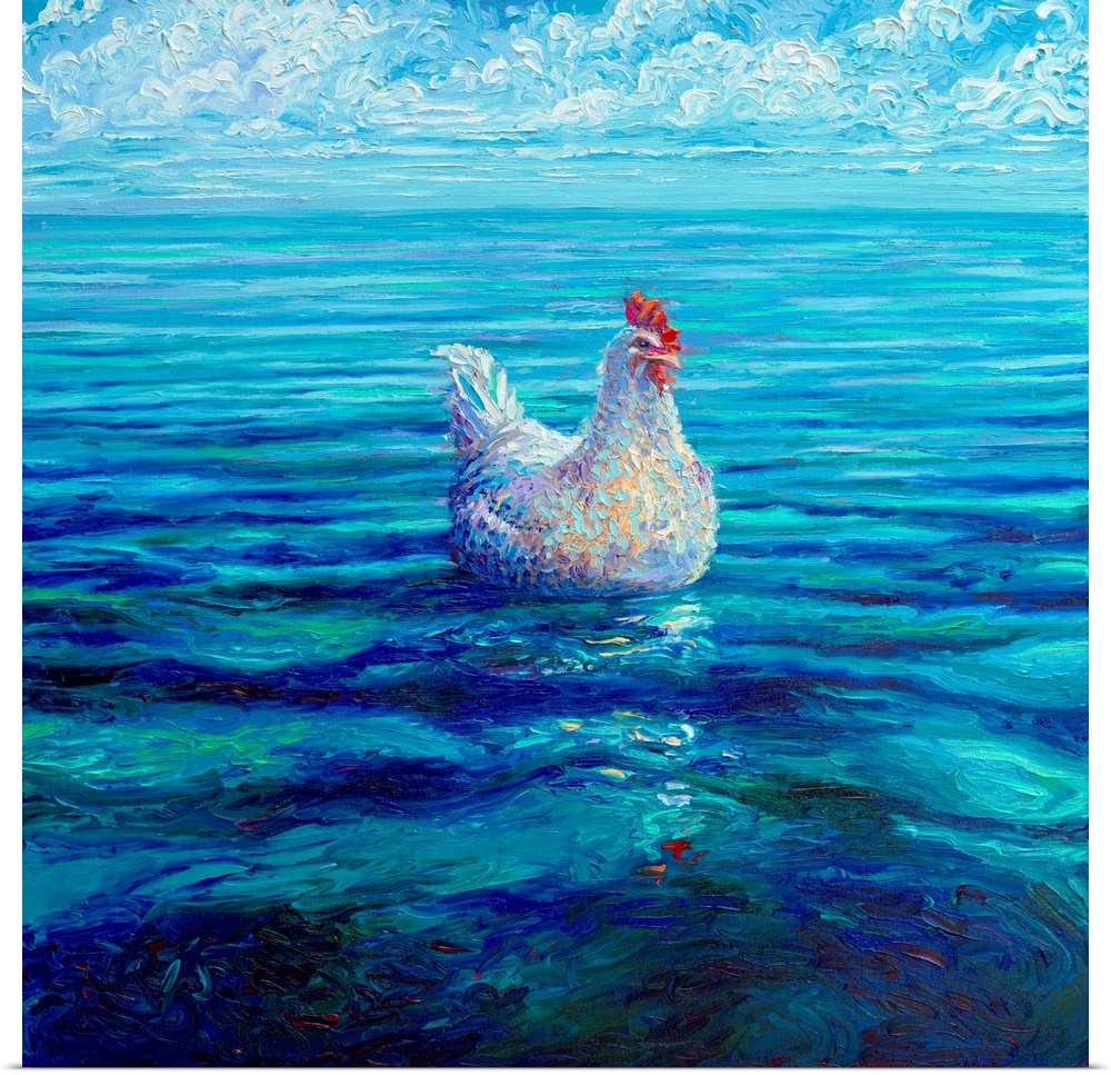Brightly colored contemporary artwork of a chicken out at sea.