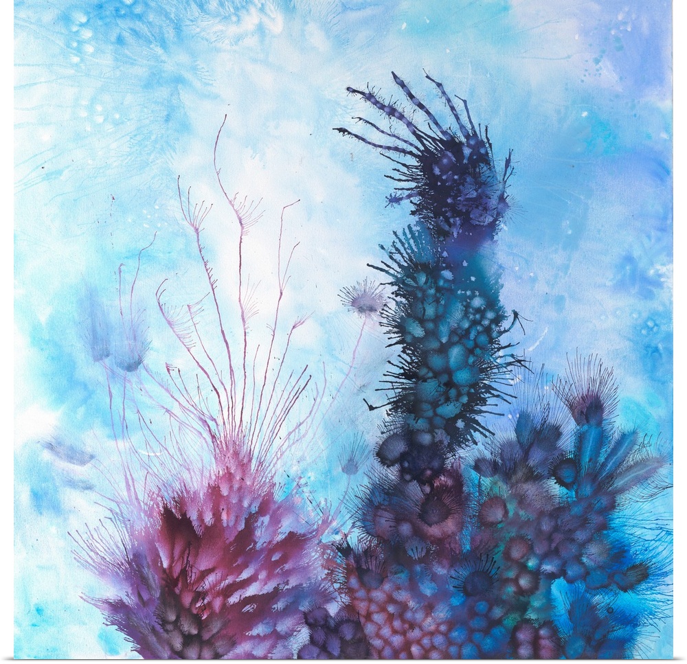 Brightly colored contemporary artwork of a blue and purple blow paint.
