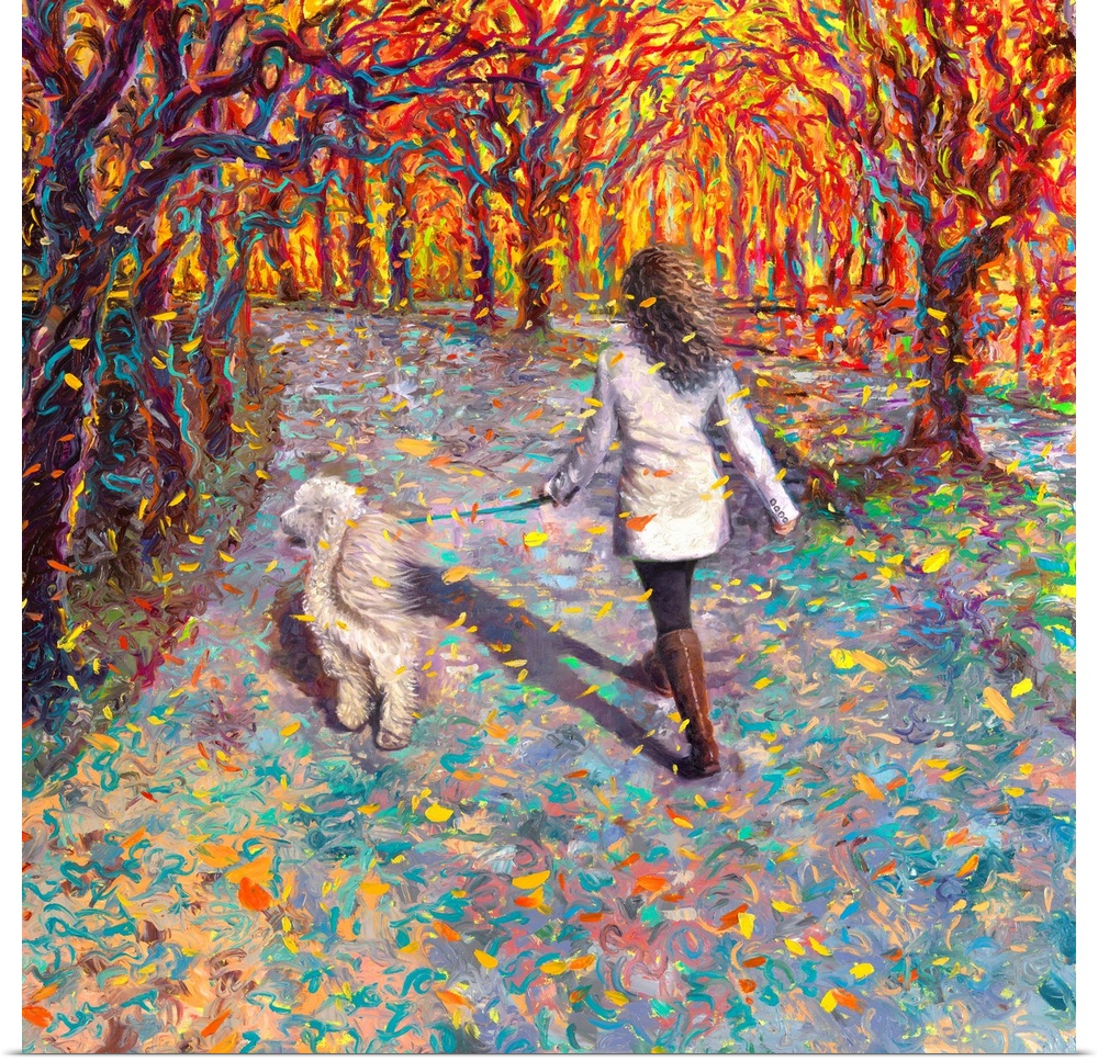 Brightly colored contemporary artwork of a woman walking a dog.