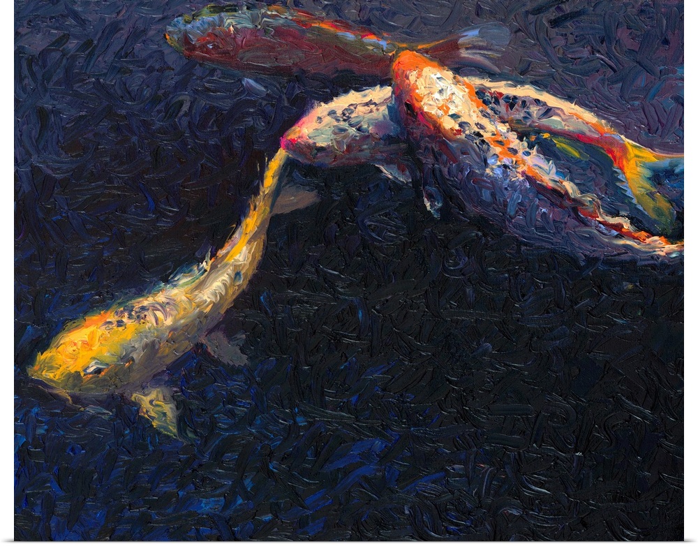 Brightly colored contemporary artwork of fish swimming in dark water.