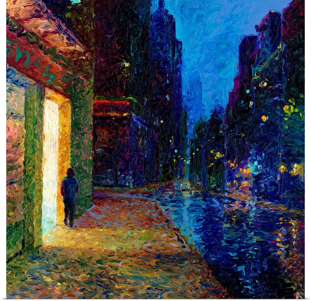 Brightly colored contemporary artwork of a man walking along a city street.