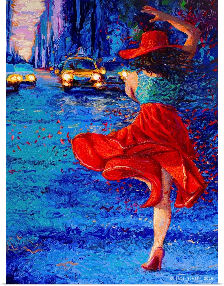 Brightly colored contemporary artwork of a woman in red hailing a cab.