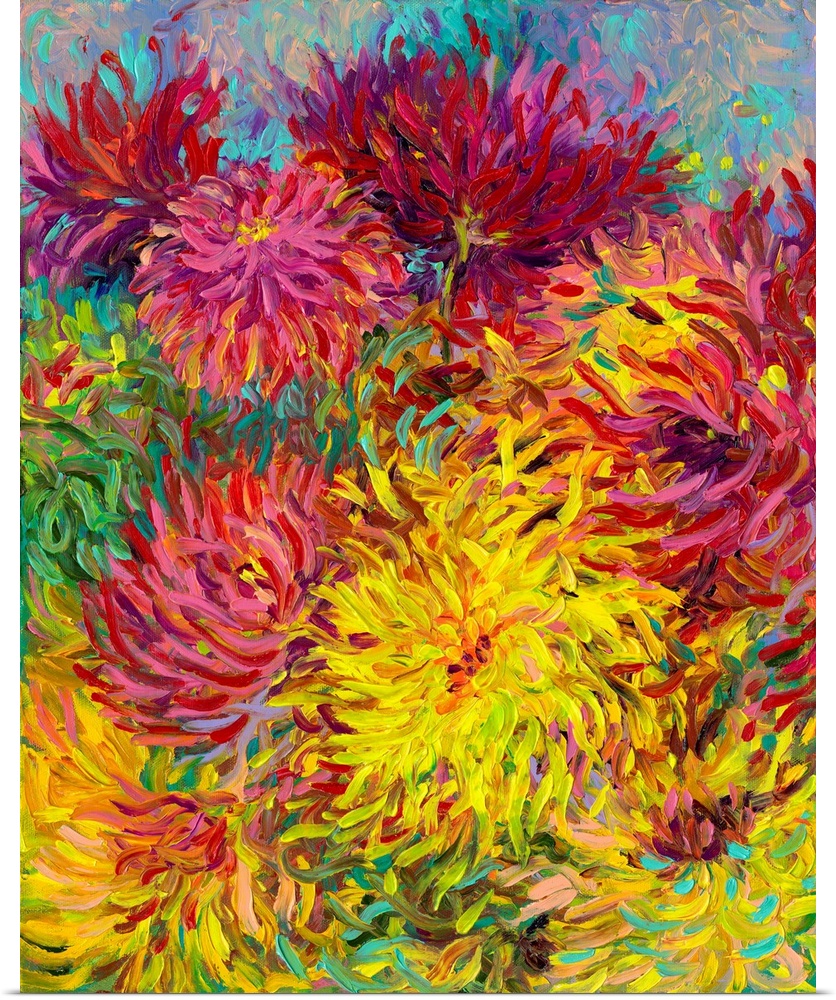 Brightly colored contemporary artwork of red and yellow dahlias.