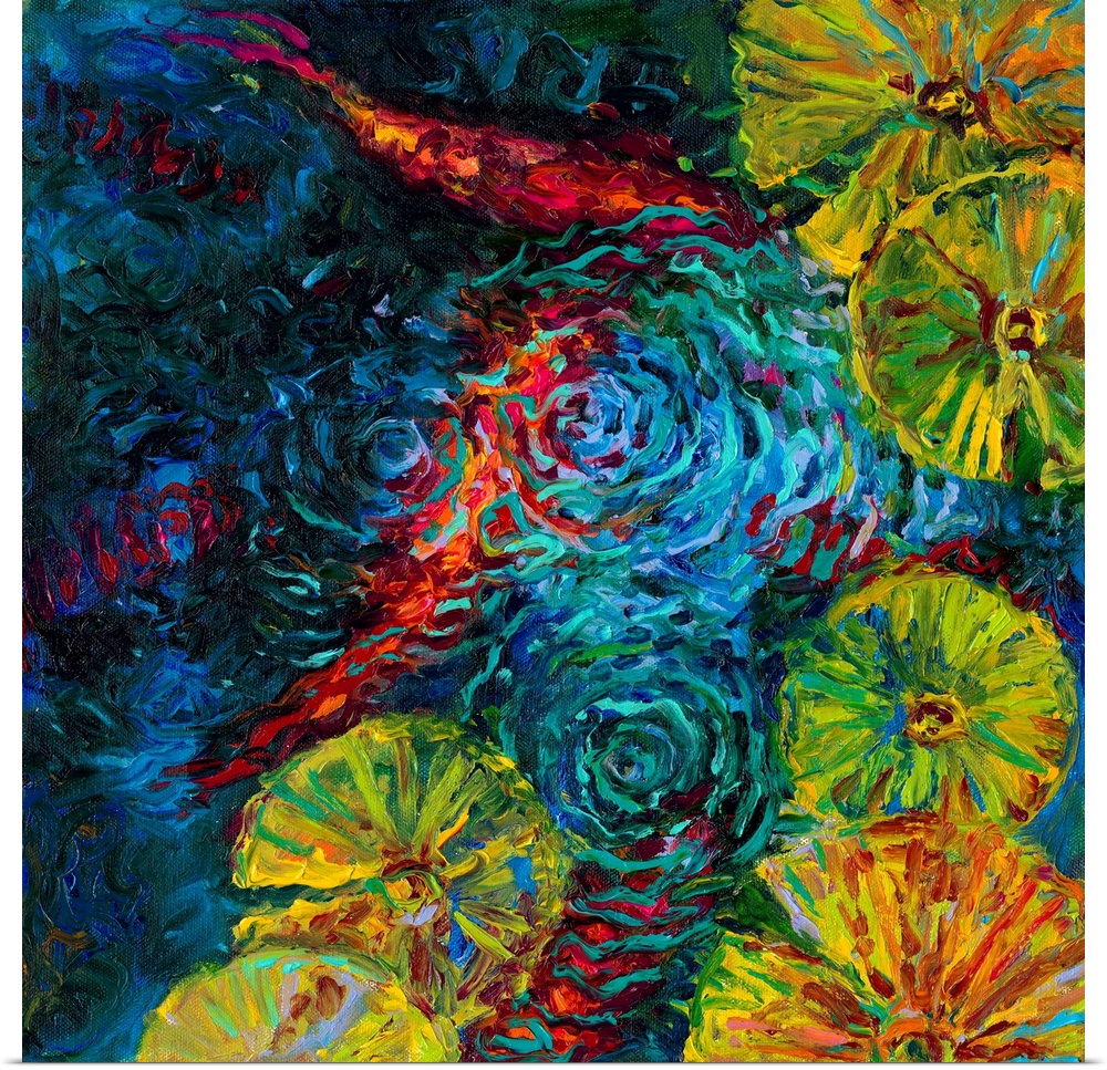 Brightly colored contemporary artwork of a fish in water.