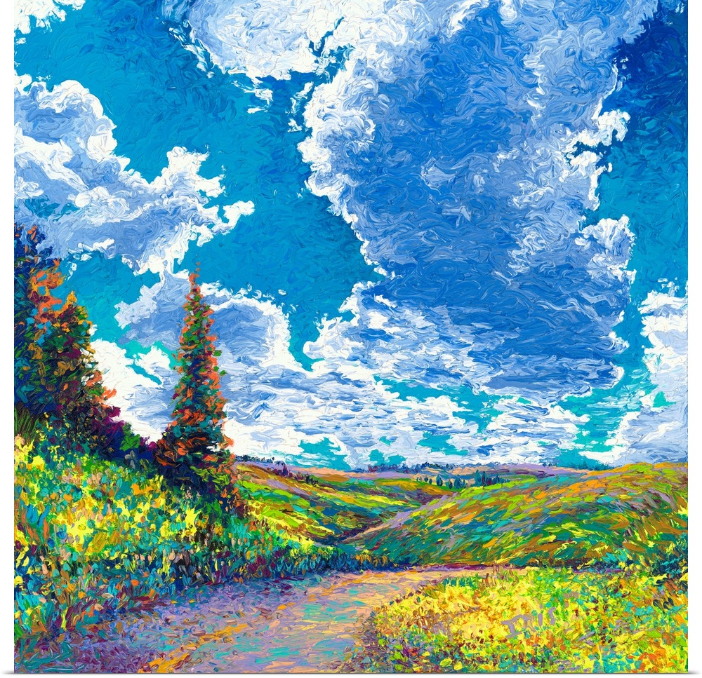 Brightly colored contemporary artwork of a landscape with road and trees.